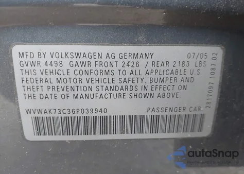 2006 Volkswagen Passat 2.0T z USA, uszkodzony, nr VIN WVWAK73C36P039940